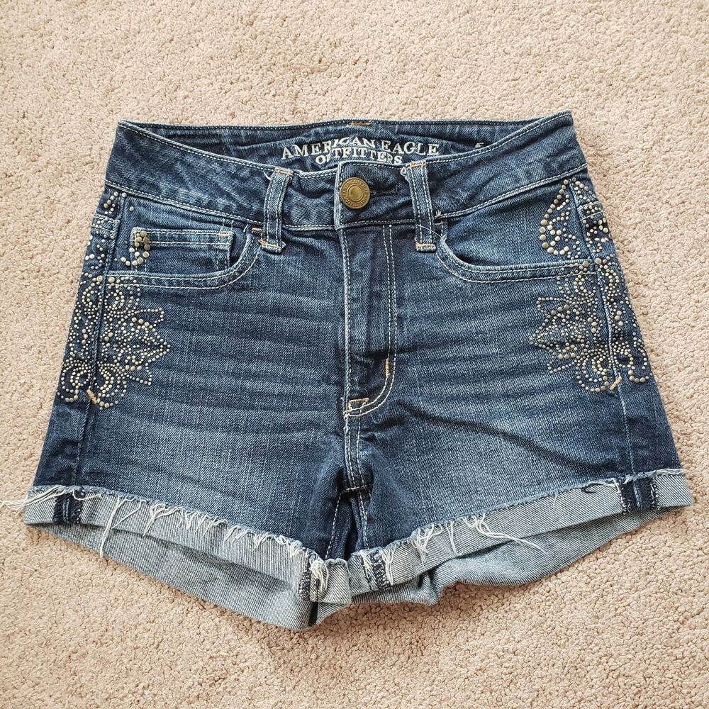 American Eagle Outfitters Stretch Rhinestone Raw Hem Cut Off Blue Shorts Size 00
